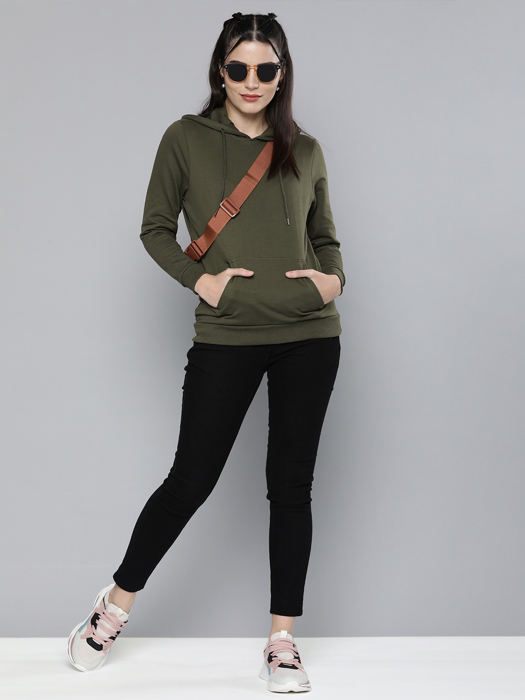 

HERE&NOW Women Olive Green Solid Hooded Sweatshirt