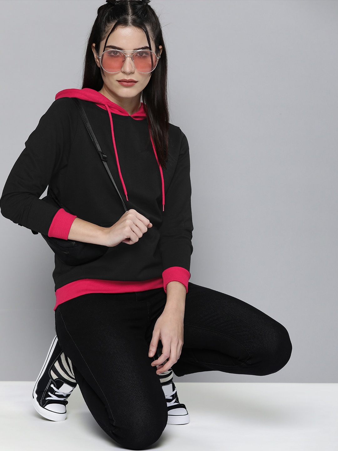 

HERE&NOW Women Black Solid Hooded Sweatshirt