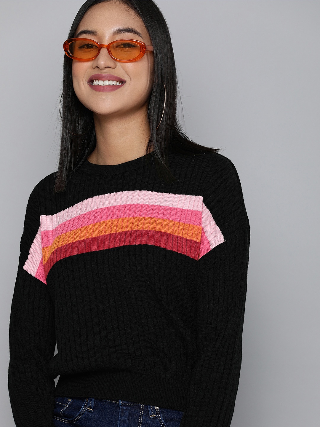 

HERE&NOW Women Black & Pink Striped Pullover