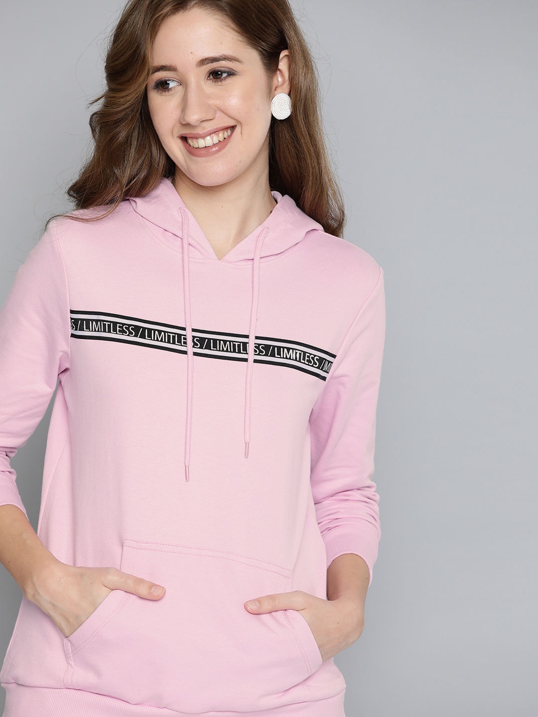 

HERE&NOW Women Pink & Black Printed Pure Cotton Hooded Sweatshirt