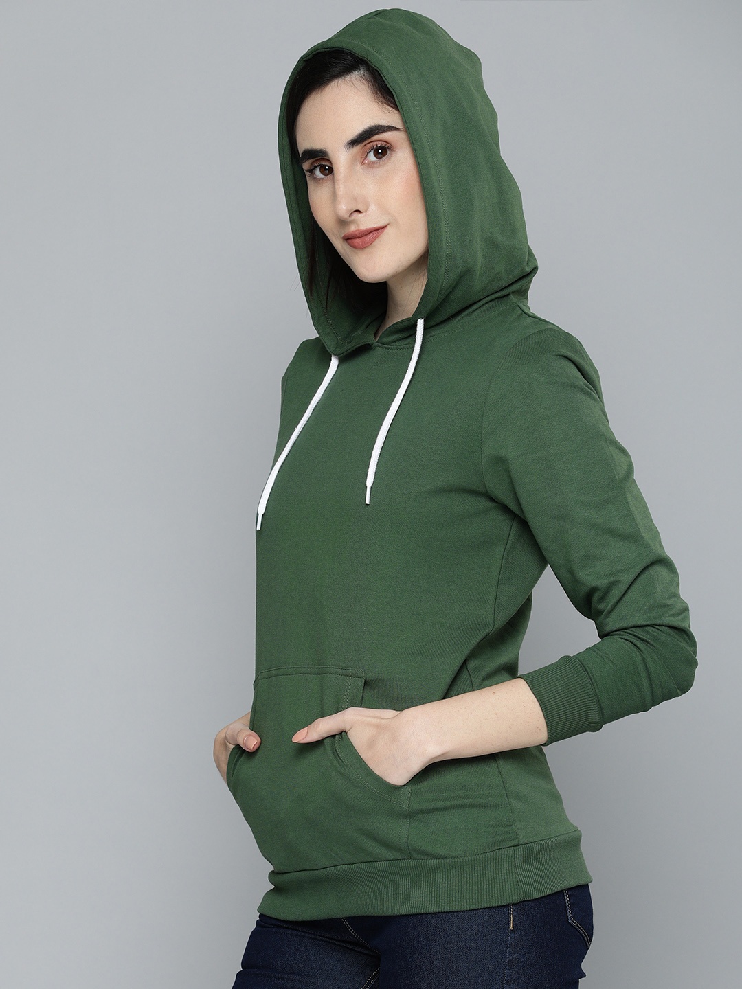 

HERE&NOW Women Dark Green Solid Pure Cotton Hooded Pullover Sweatshirt