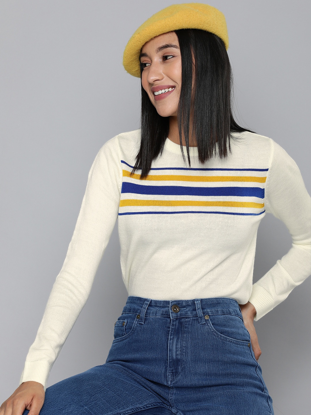 

HERE&NOW Women Off White & Blue Striped Pullover