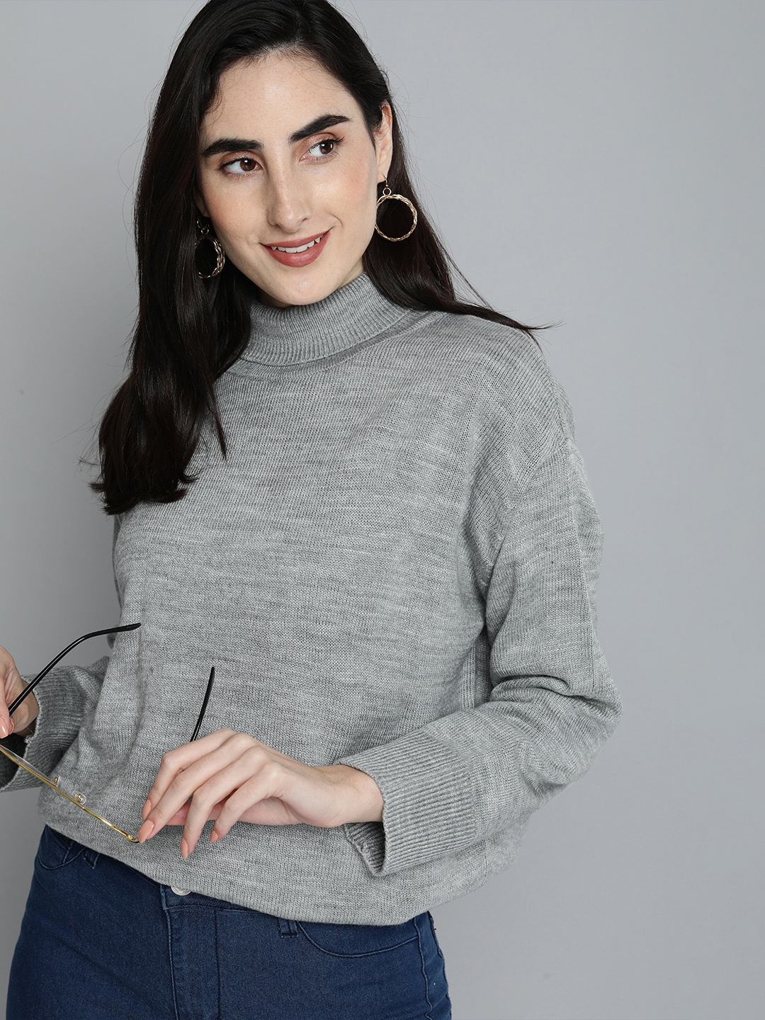

HERE&NOW Women Grey Turtle Neck Self Designed Longline Pullover Sweater