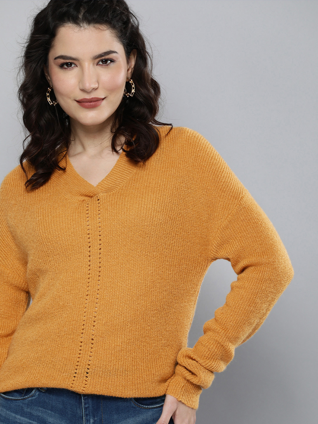 

HERE&NOW Women Mustard Yellow Solid Pullover Sweater