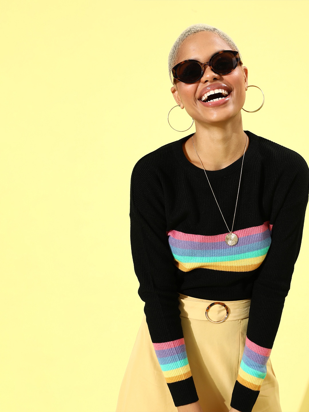 

HERE&NOW Women Black & Multicoloured Striped Pullover