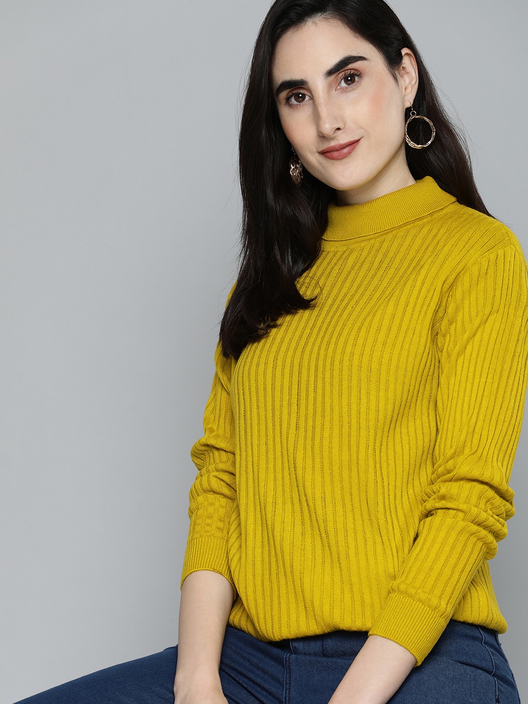 

HERE&NOW Women Mustard Turtle Neck Self Designed Longline Pullover Sweater