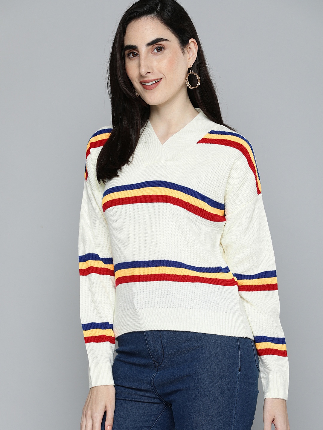 

HERE&NOW Women White Stripe-Colourblocked Print Self Designed Pullover Sweater
