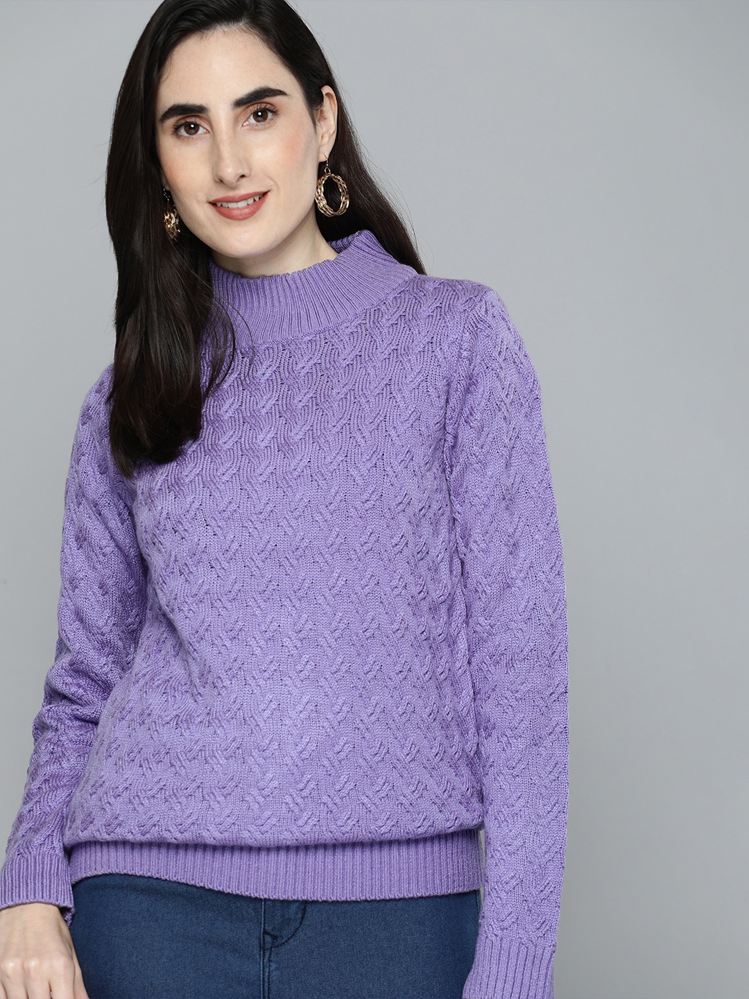 

HERE&NOW Women Light Purple Turtle Neck Self Designed Pullover Sweater