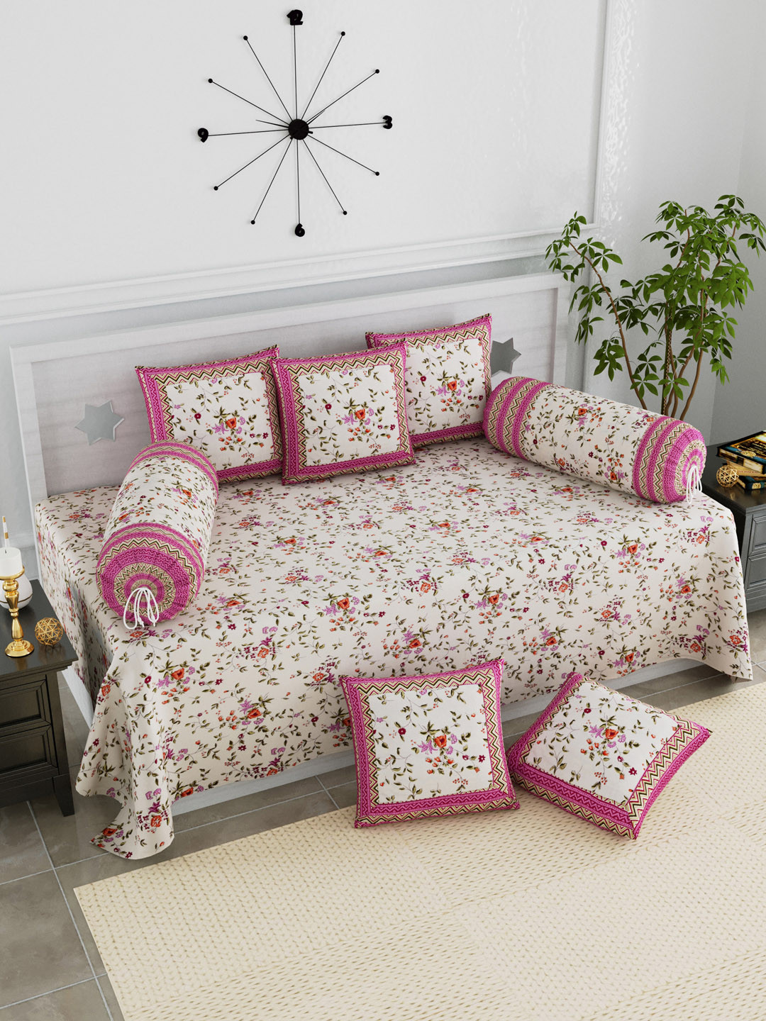 

LIVING ROOTS Set Of 8 Cream-Coloured & Pink Printed Cotton Diwan Set