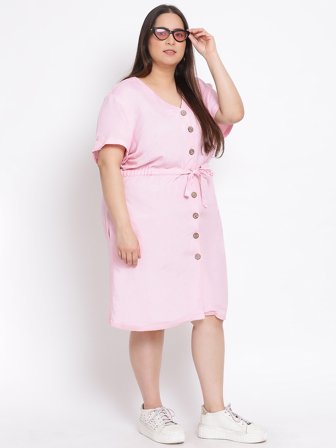 

Oxolloxo Pink Waist Tie-Up Plus Size Cotton Shirt Style Dress