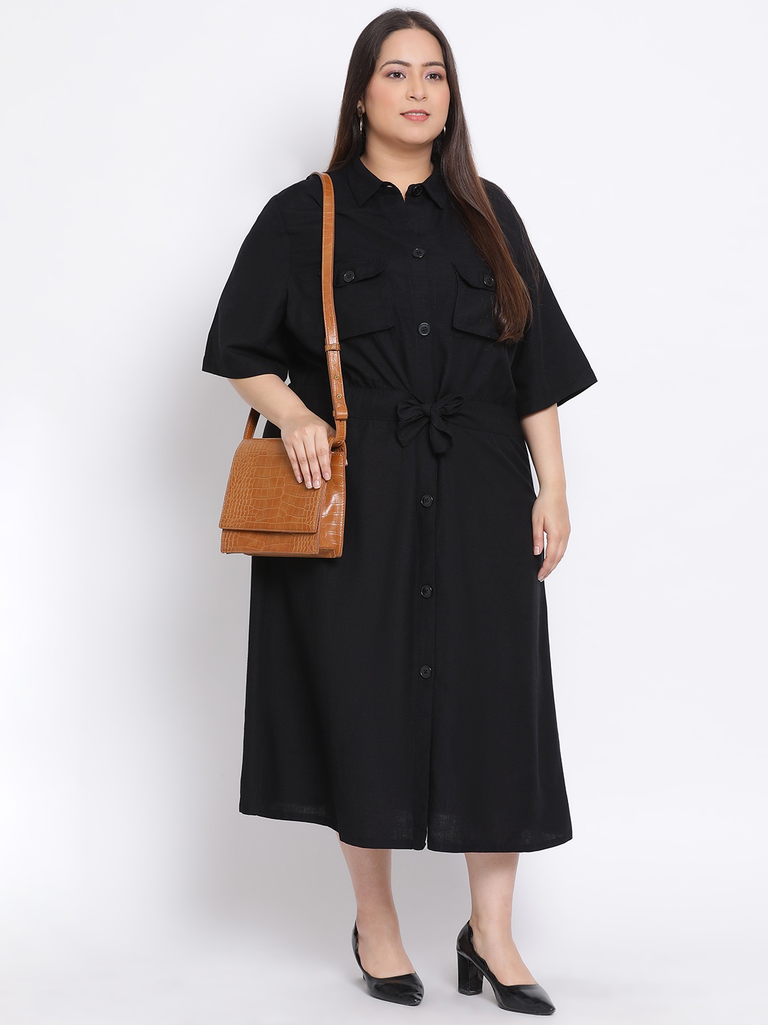 

Women Black Plus Size Cotton Midi Shirt Dress