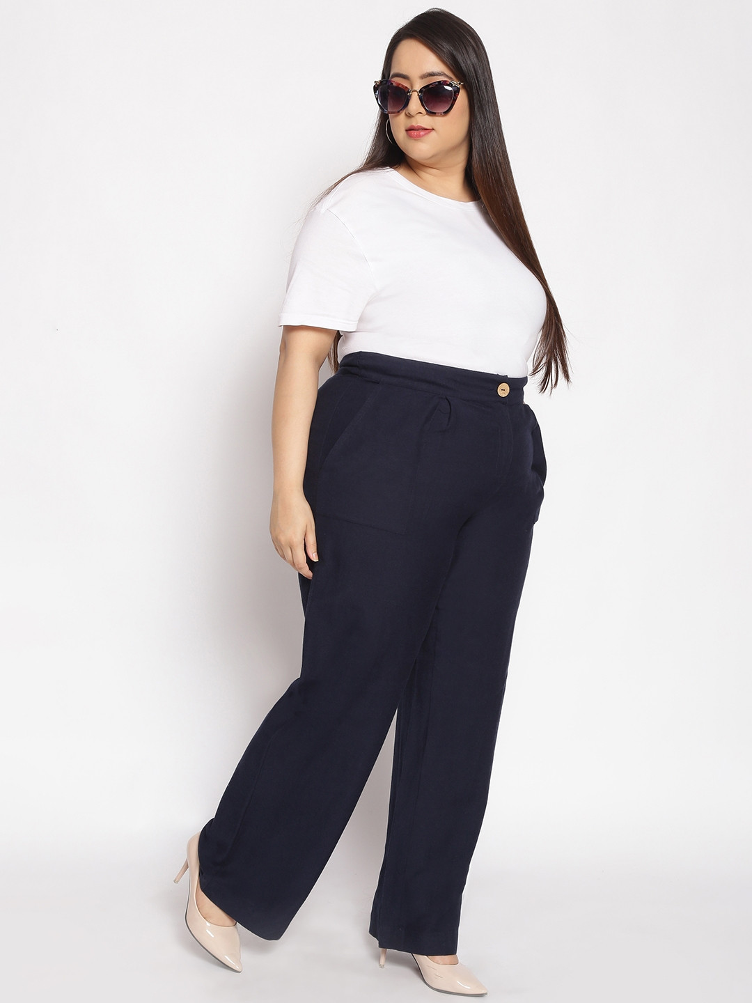 

Oxolloxo Women Navy Blue Plus Size Wide Leg Women Plus Size Linen Pants