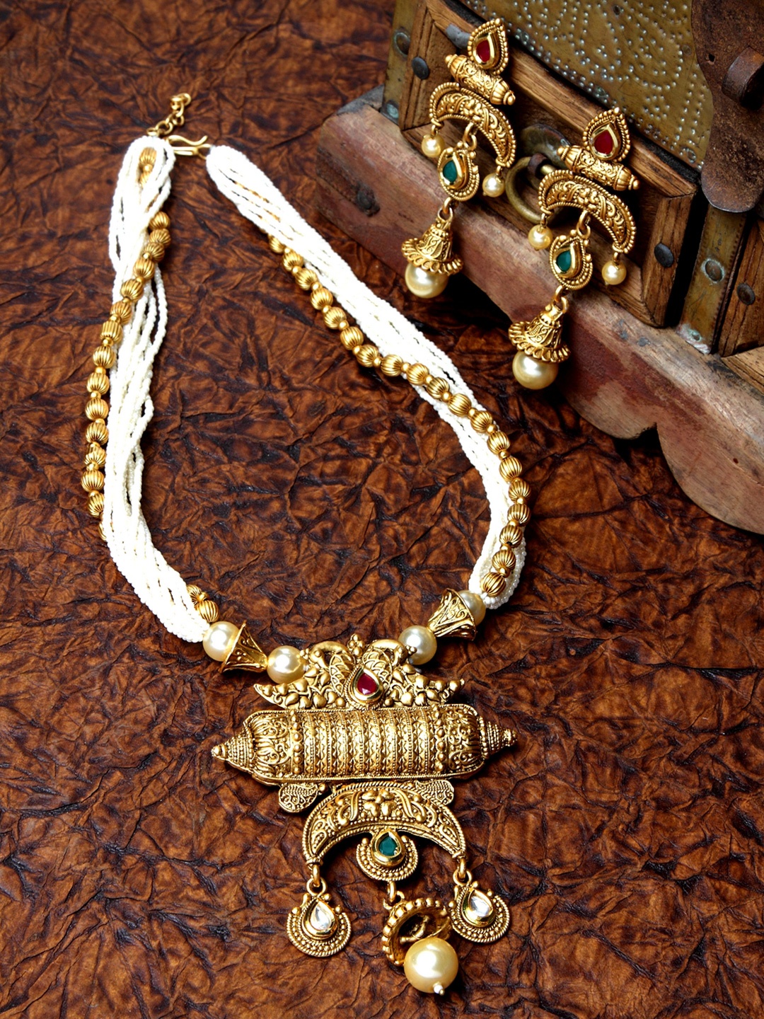 

PANASH Gold-Plated White & Red Pearl & Stone-Studded Handcrafted Jewellery Set