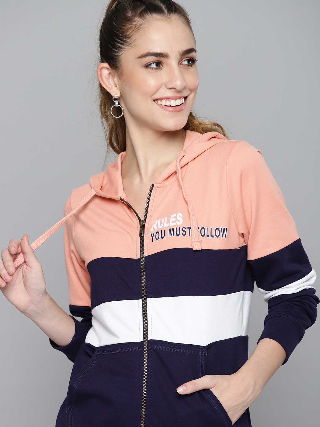 

HERE&NOW Women Peach & Navy Blue Colourblocked Hooded Sweatshirt