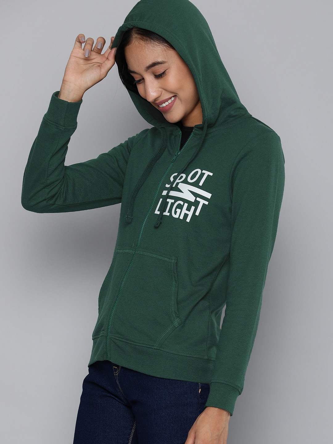 

HERE&NOW Women Green Solid Hooded Sweatshirt with Print Detail