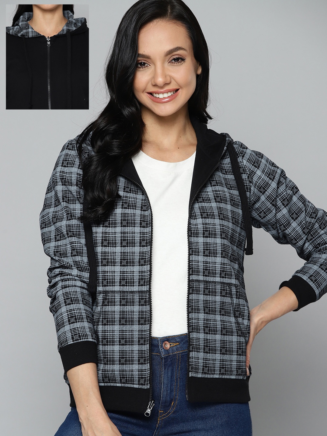 

HERE&NOW Women Grey & Black Checked Hooded Reversible Sweatshirt