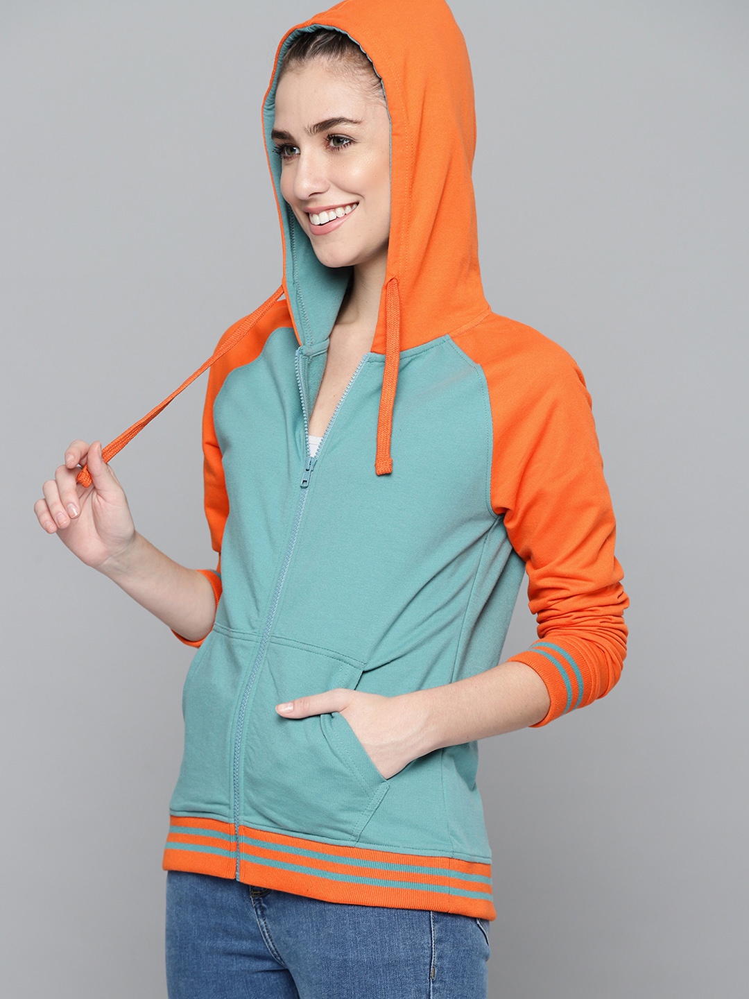 

HERE&NOW Women Green & Orange Hooded Sweatshirt