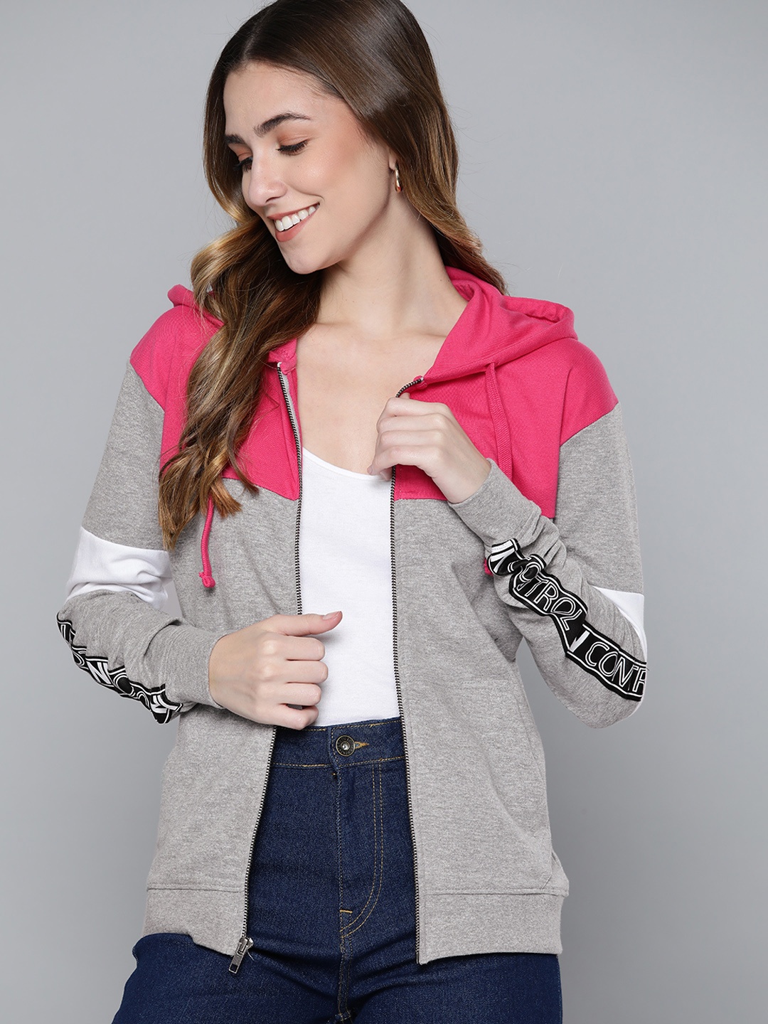 

HERE&NOW Women Grey Melange & Pink Colourblocked Hooded Sweatshirt