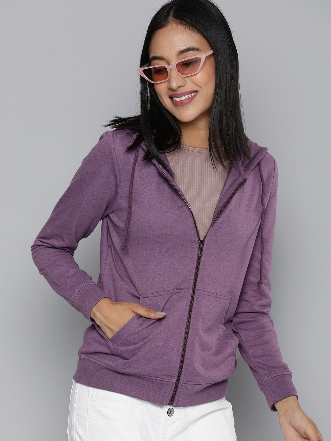 

HERE&NOW Women Purple Solid Hooded Sweatshirt