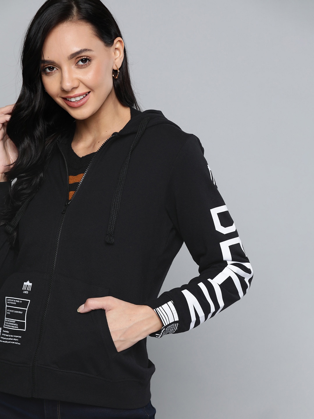 

HERE&NOW Women Black Printed Detail Hooded Sweatshirt