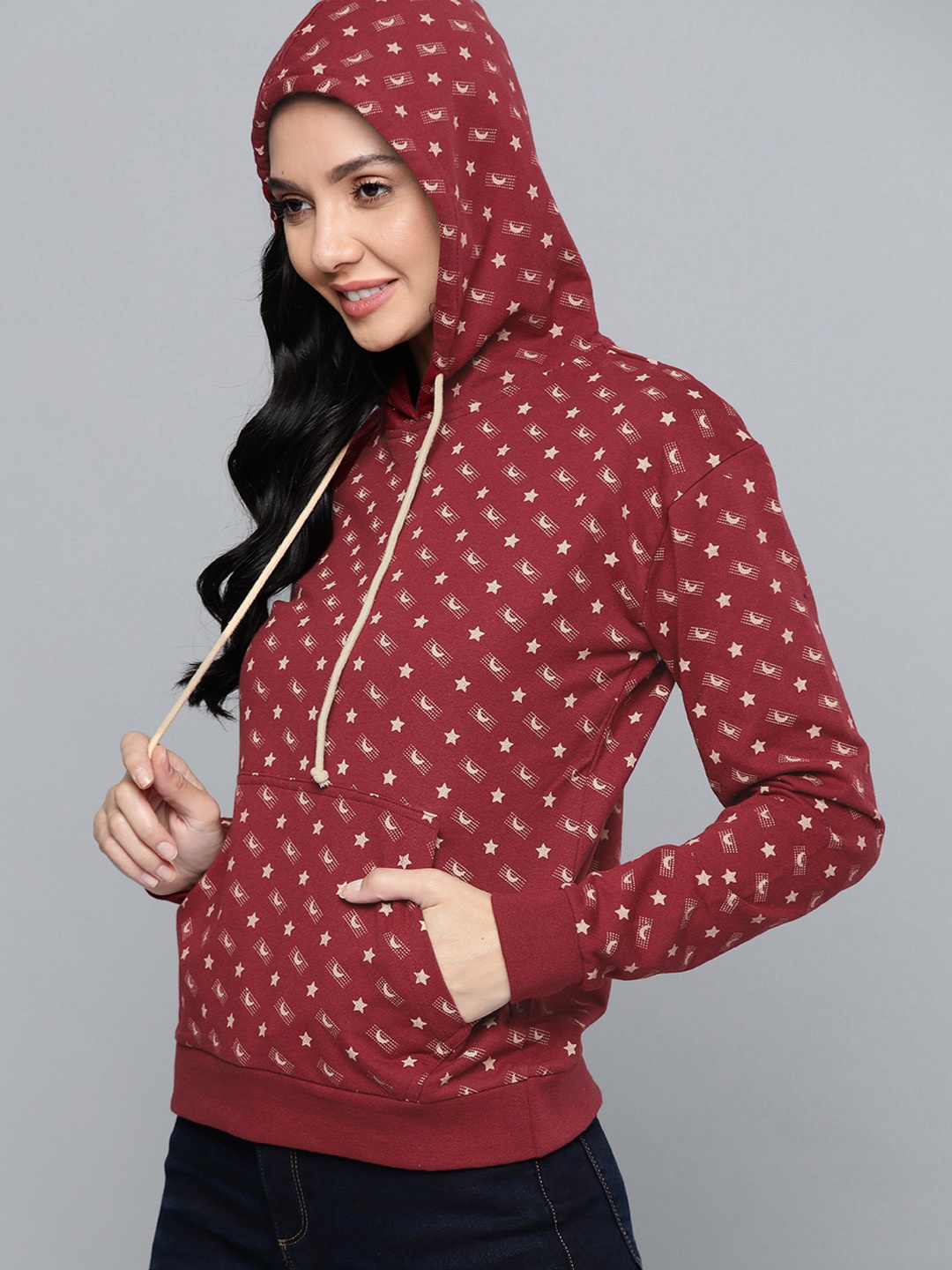 

HERE&NOW Women Maroon & Peach-Coloured Printed Hooded Sweatshirt