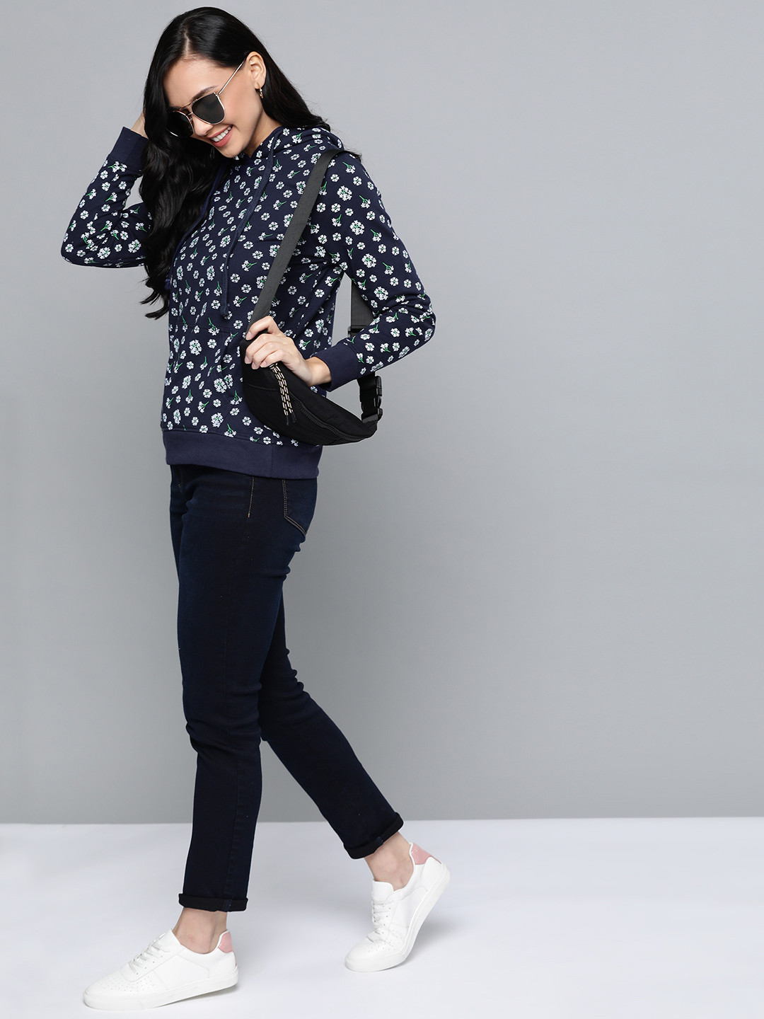 

HERE&NOW Women Navy Blue & White Floral Printed Hooded Sweatshirt