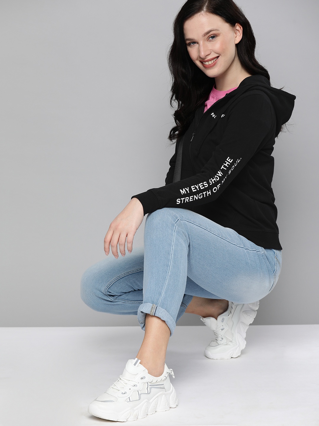 

HERE&NOW Women Black & White Printed Hooded Sweatshirt