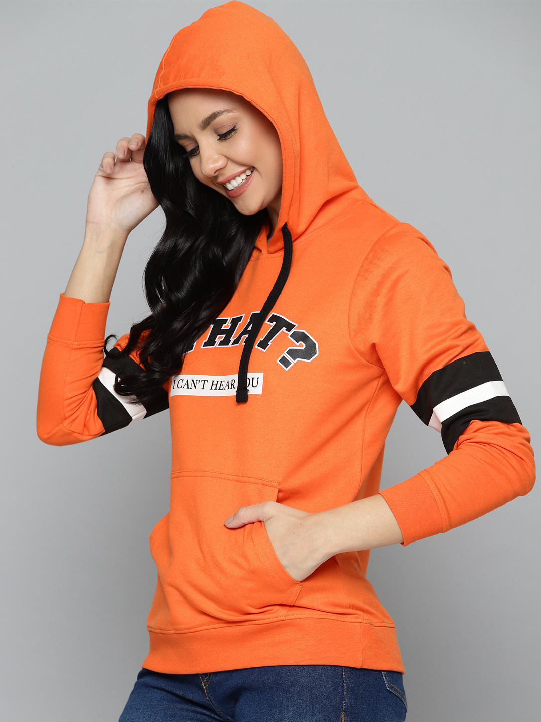 

HERE&NOW Women Orange & Black Printed Hooded Sweatshirt