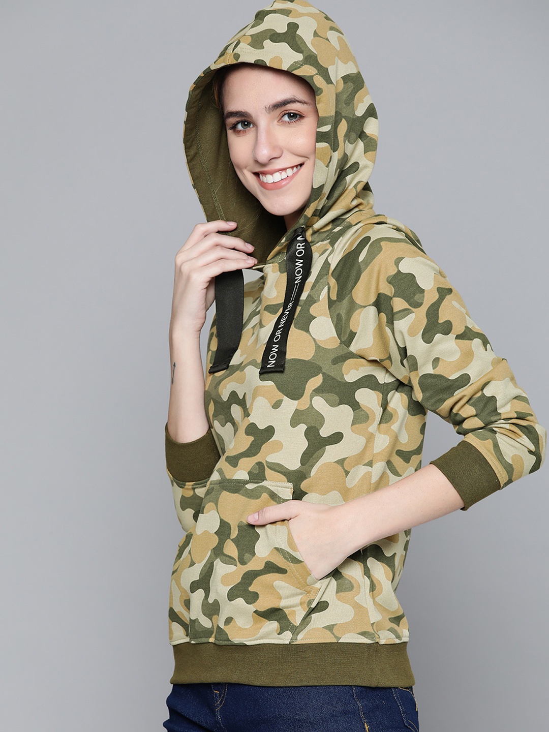

HERE&NOW Women Olive Green Camouflage Printed Hooded Sweatshirt