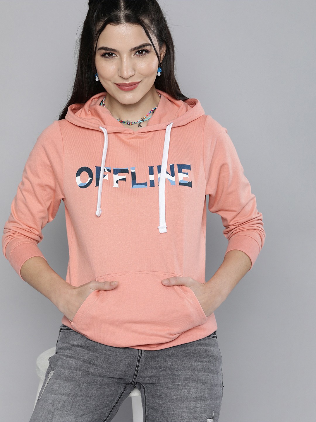 

HERE&NOW Women Peach-Coloured Printed Hooded Sweatshirt