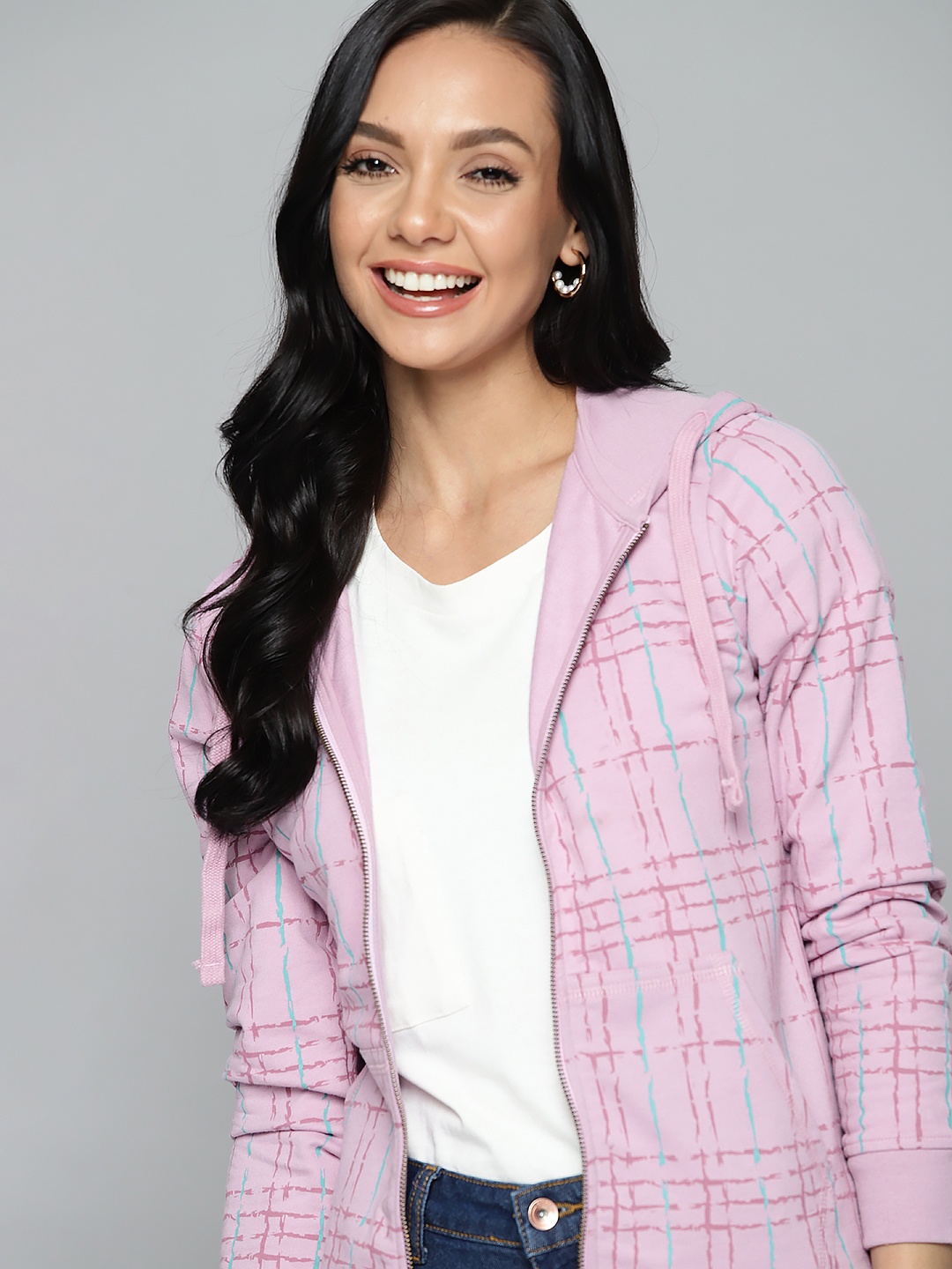 

HERE&NOW Women Lavender & Sea Green Checked Hooded Sweatshirt