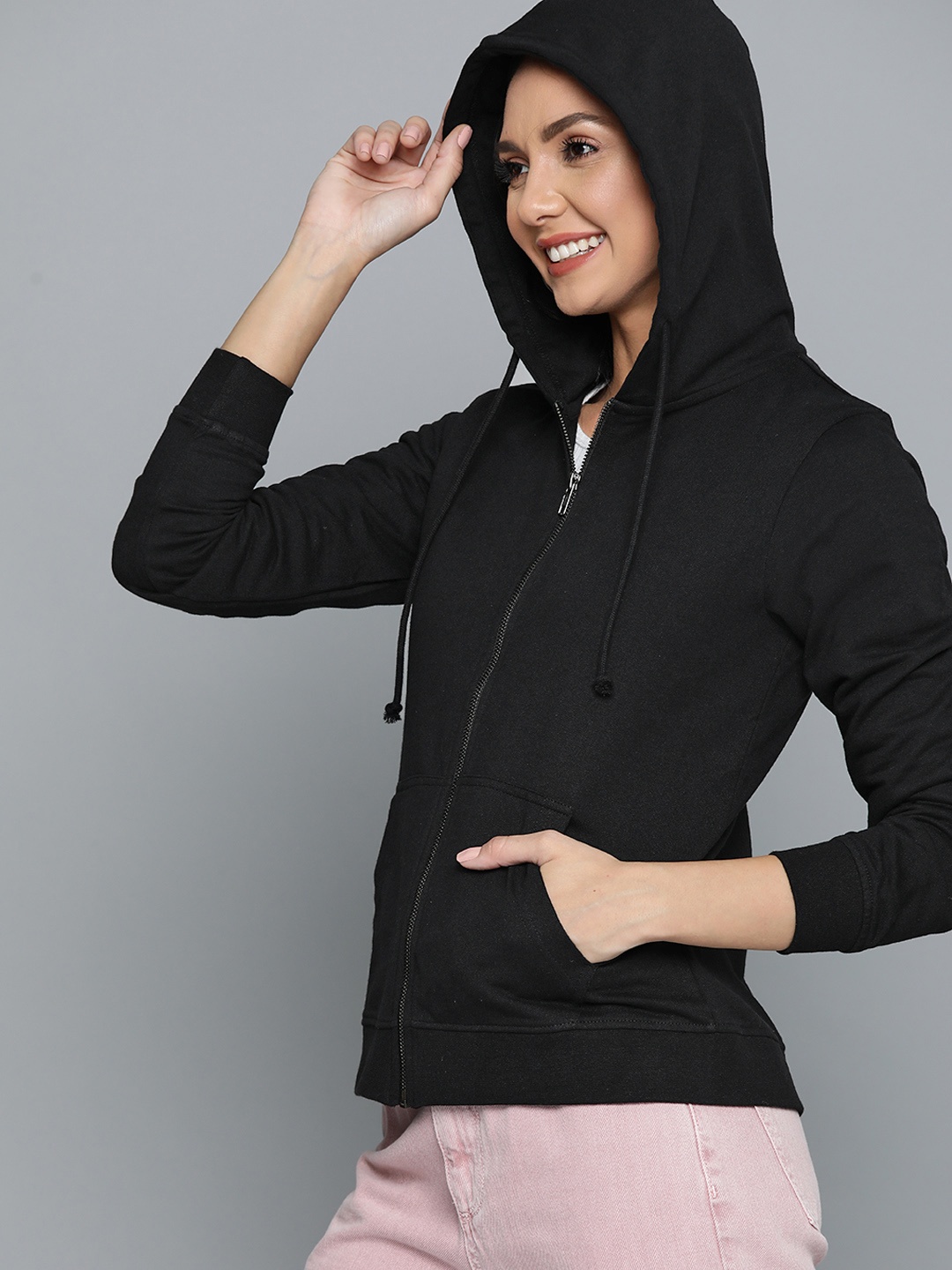 

HERE&NOW Women Black Solid Hooded Sweatshirt