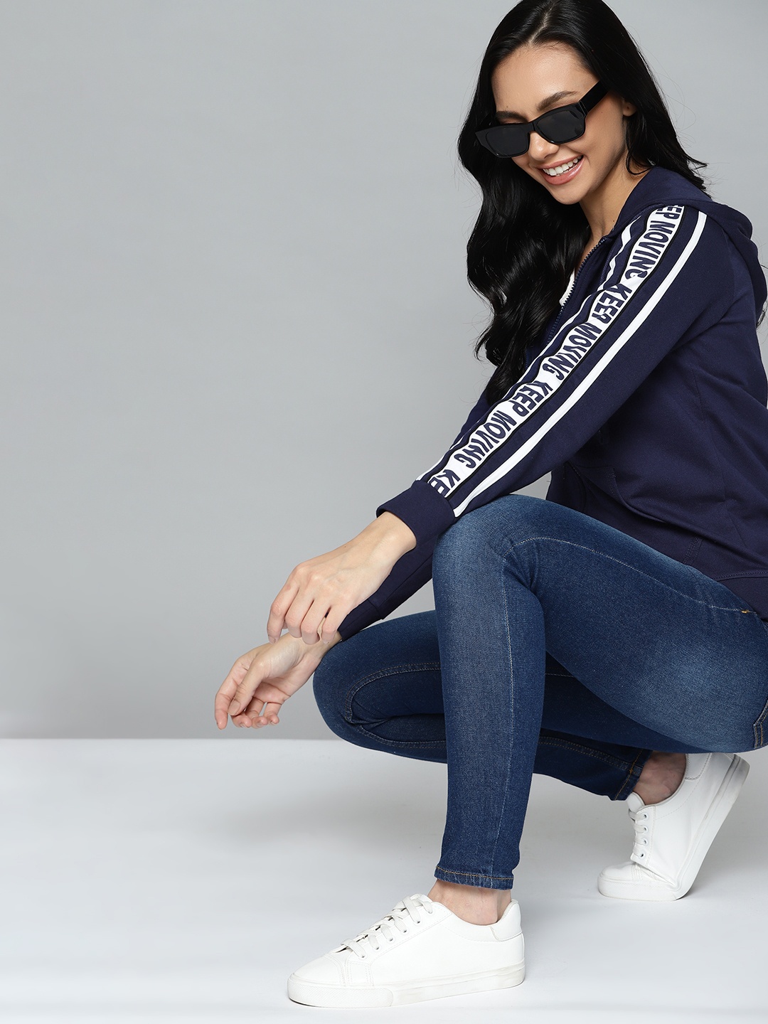 

HERE&NOW Women Navy Blue Solid Hooded Sweatshirt