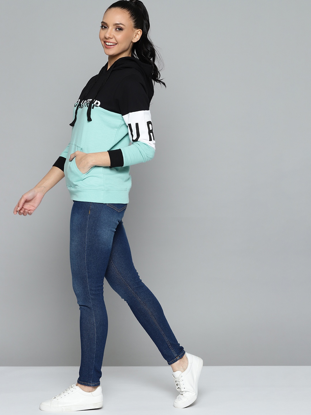 

HERE&NOW Women Sea Green & Black Colourblocked Hooded Sweatshirt