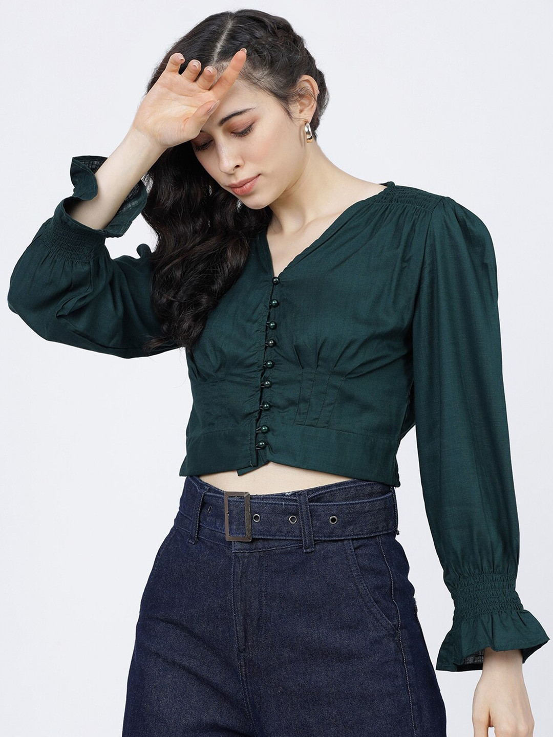 

Tokyo Talkies Green Blouson Crop Top