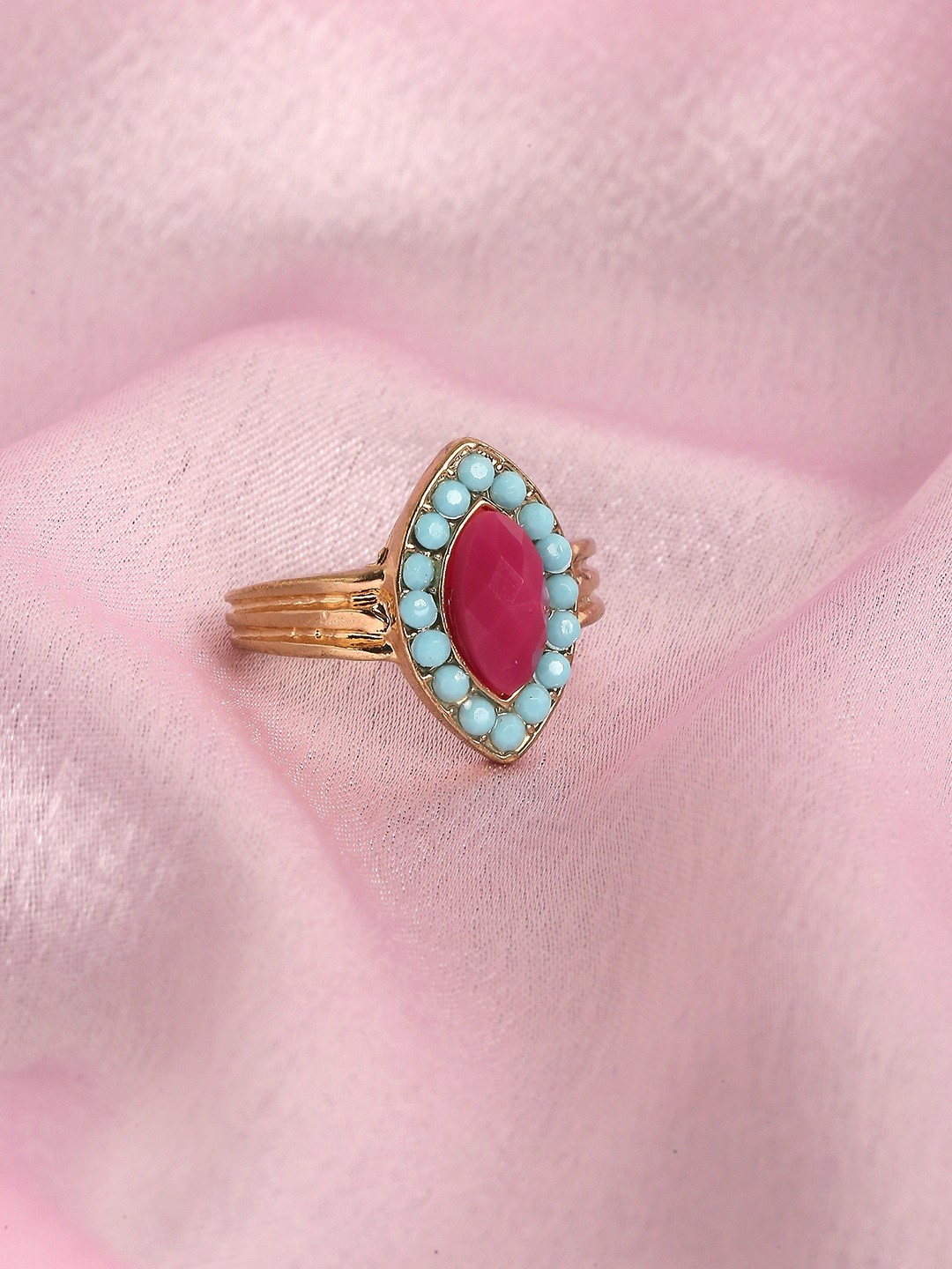

Accessorize London Gold-Plated Turquoise Blue & Magenta Pink Stone Navette Statement Ring