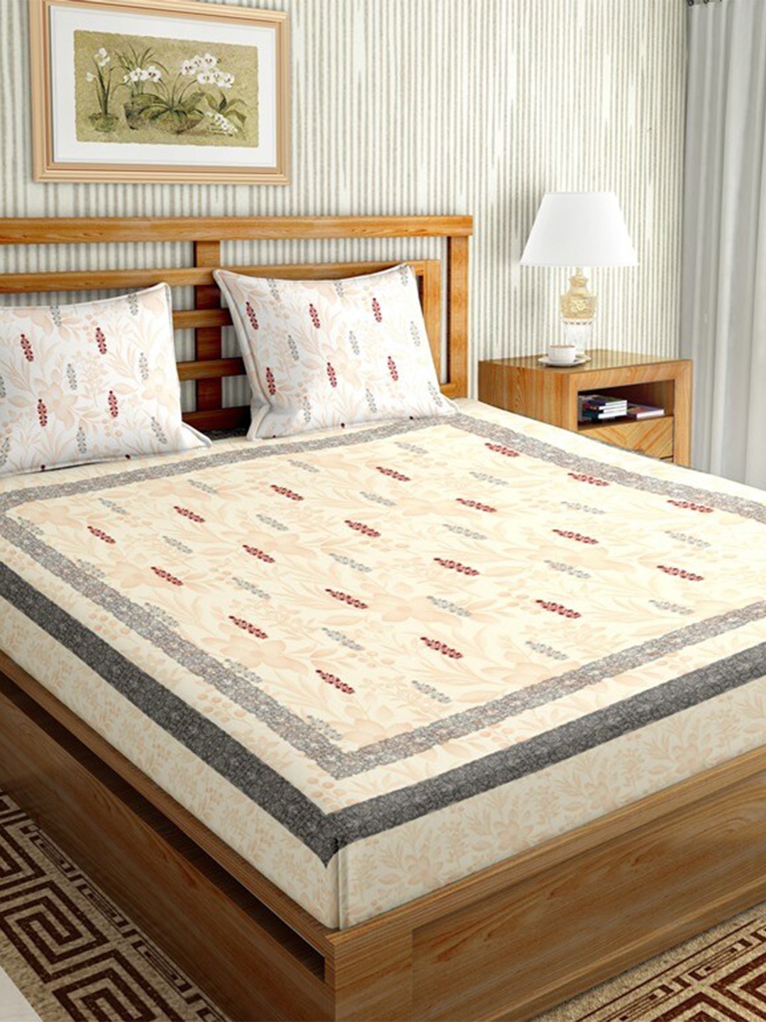 

BELLA CASA Beige & Brown Ethnic Motifs 144 TC Cotton King Bedsheet with 2 Pillow Covers