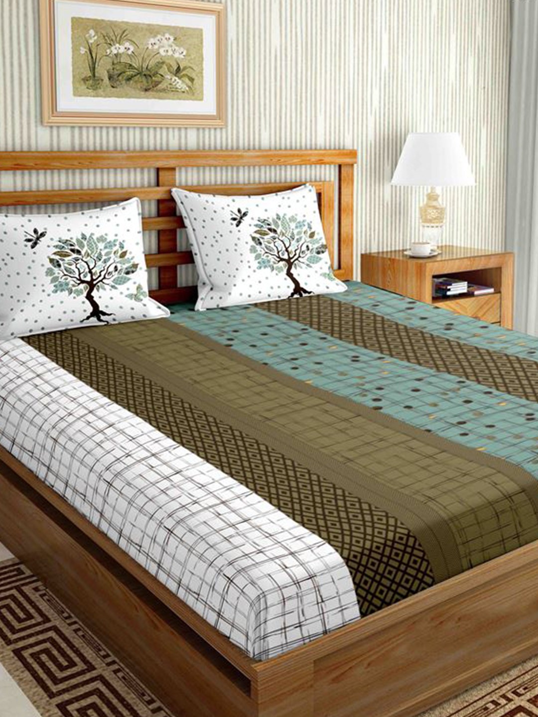 

BELLA CASA White & Olive Green Striped 160 TC King Bedsheet with 2 Pillow Covers