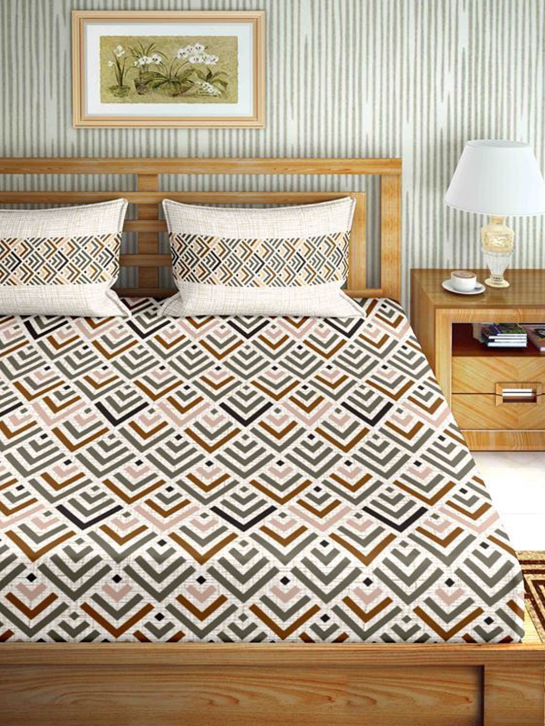 

BELLA CASA White & Brown Geometric 160 TC Cotton King Bedsheet with 2 Pillow Covers