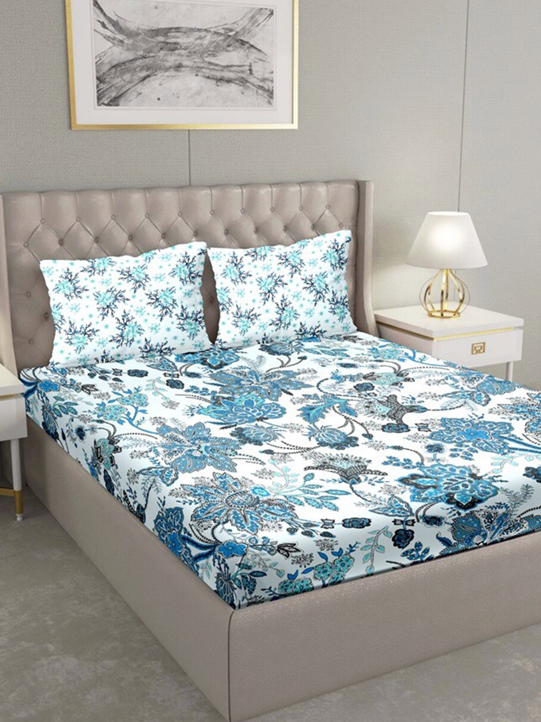 

BELLA CASA Blue Floral 180 TC King Bedsheet with 2 Pillow Covers