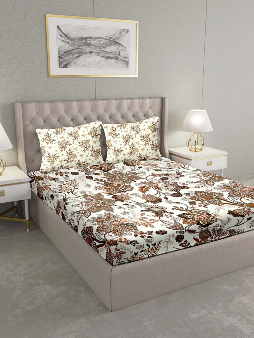 

BELLA CASA White & Brown Floral 180 TC King Bedsheet with 2 Pillow Covers