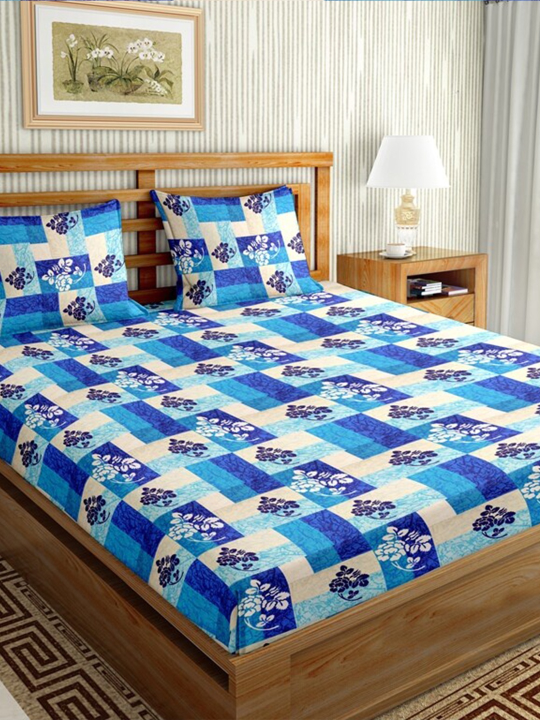

BELLA CASA Blue & Cream-Coloured Floral 144 TC King Bedsheet with 2 Pillow Covers