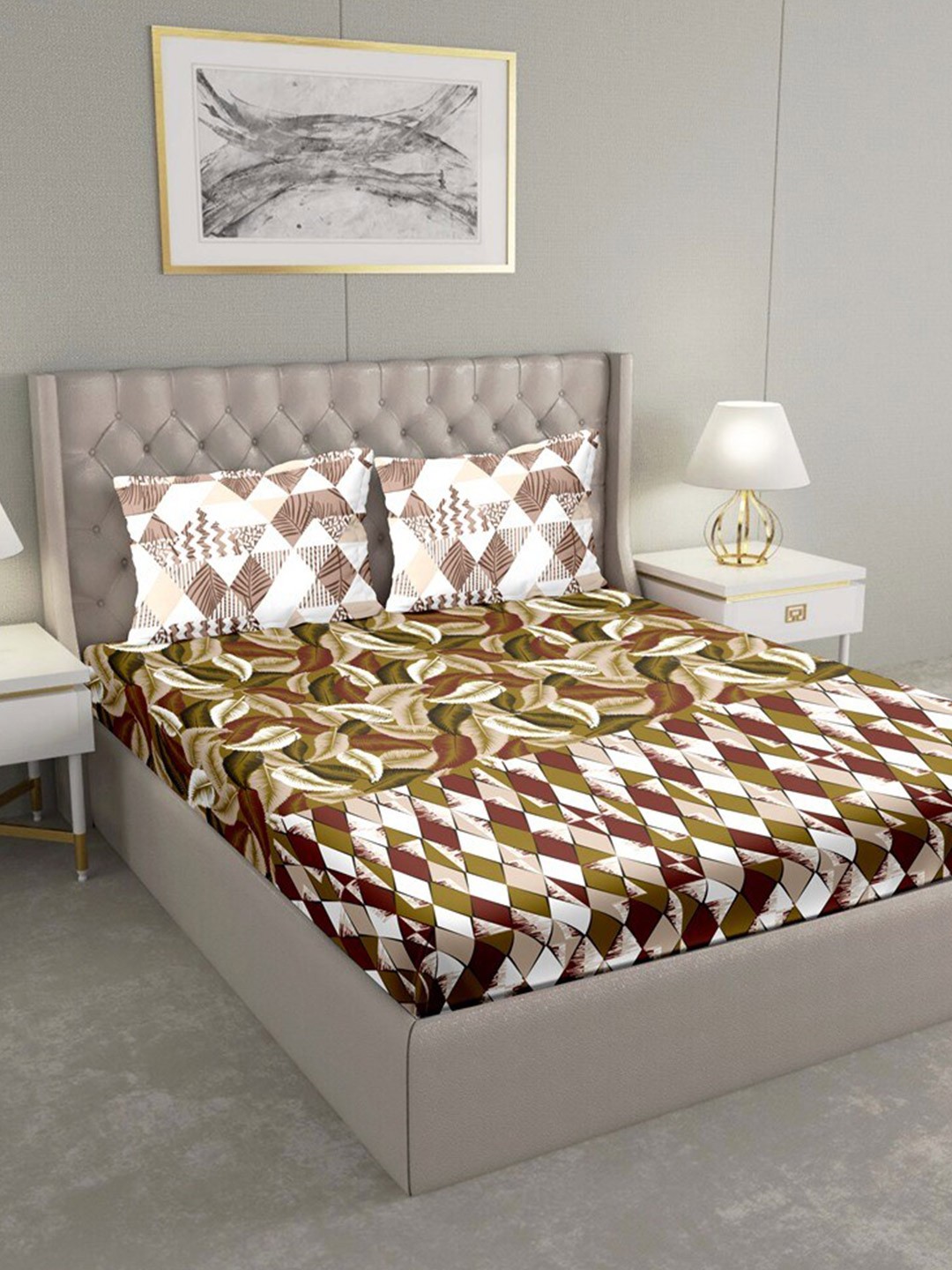 

BELLA CASA Green & White Geometric 180 TC Cotton King Bedsheet with 2 Pillow Covers