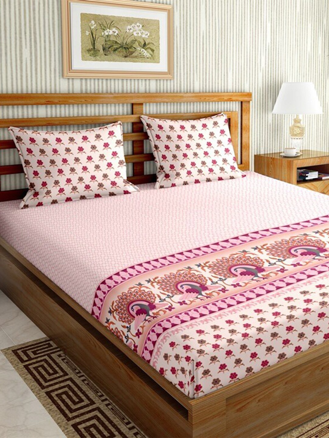 

BELLA CASA Pink & White Ethnic Motifs 144 TC King Bedsheet with 2 Pillow Covers