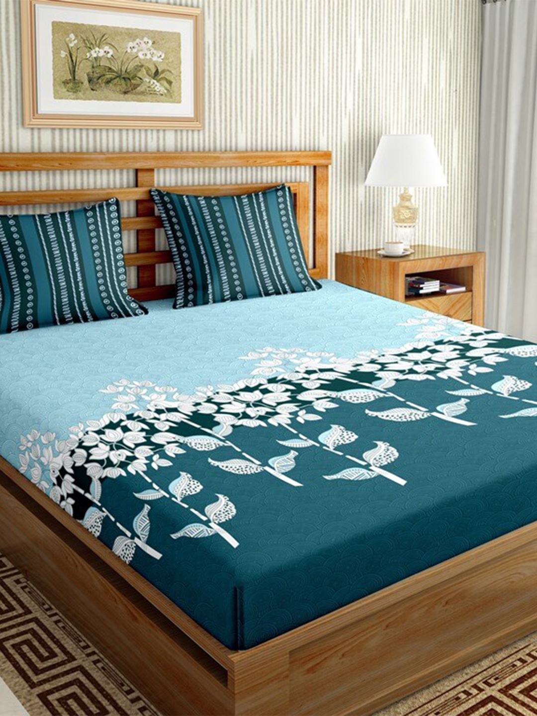 

BELLA CASA Pink & Turquoise Blue Floral 144 TC King Bedsheet with 2 Pillow Covers
