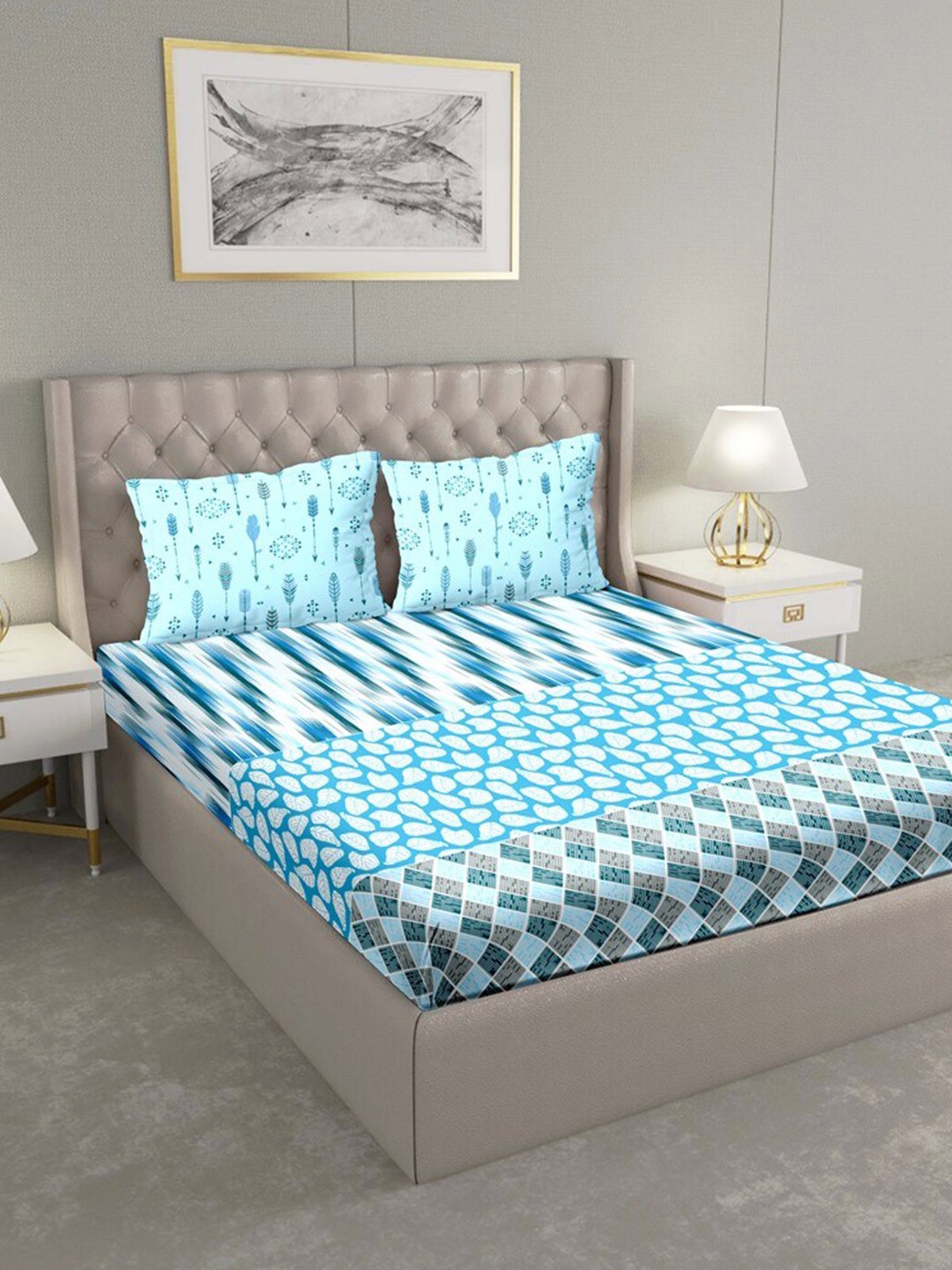 

BELLA CASA Blue & White Geometric 180 TC King Bedsheet with 2 Pillow Covers