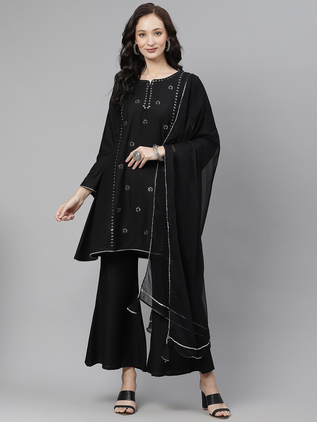 

Yuris Women Black Embroidered Panelled Mirror Work Pure Cotton Kurta with Palazzos & With Dupatta