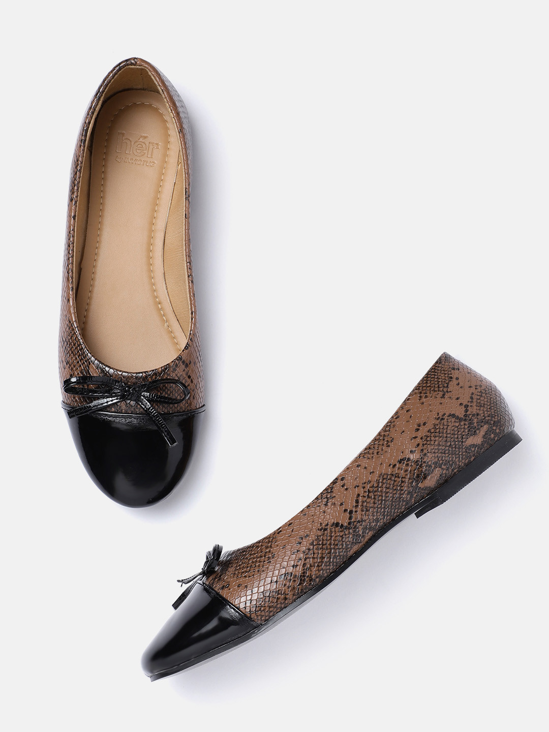 

her by invictus Women Brown & Black Snakeskin Textured Ballerinas with Bow Detail