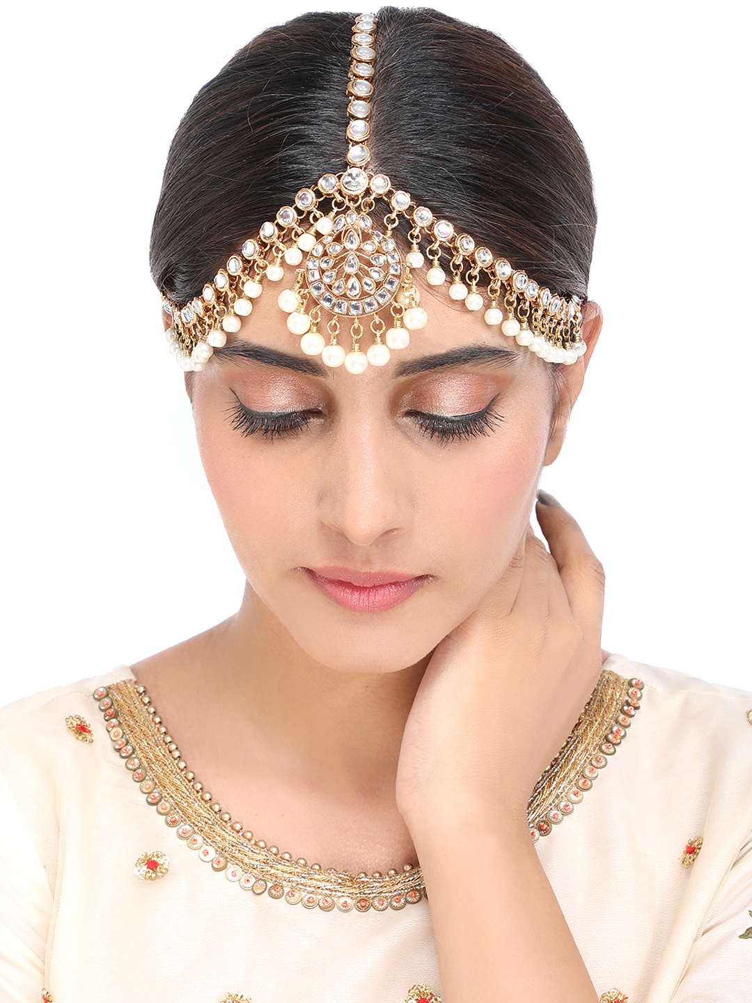 

Yellow Chimes Gold-Plated White Kundan-Studded & Pearl Beaded Antique Bridal Maatha Patti