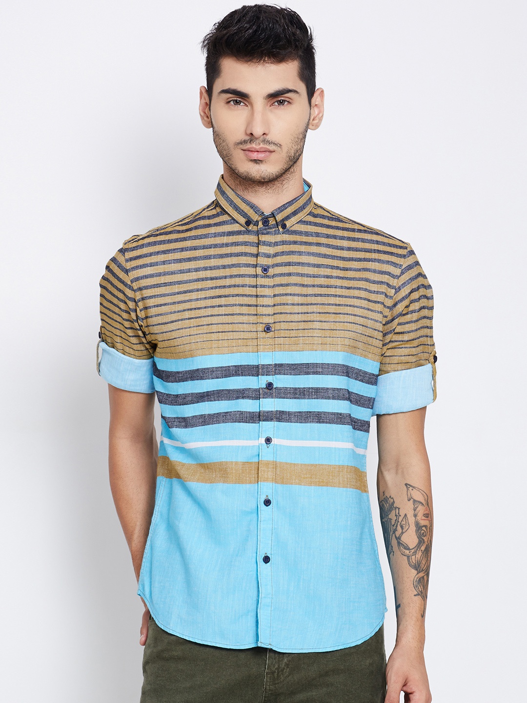 

HIGHLANDER Men Khaki & Blue Striped Casual Shirt
